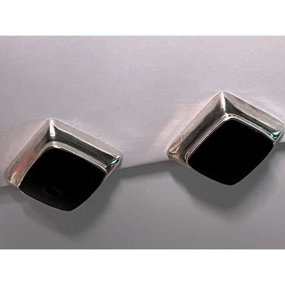Vintage Taxco Mexico Sterling Silver Onyx Earrings 1.5 In. Square Modernist - Picture 8 of 11